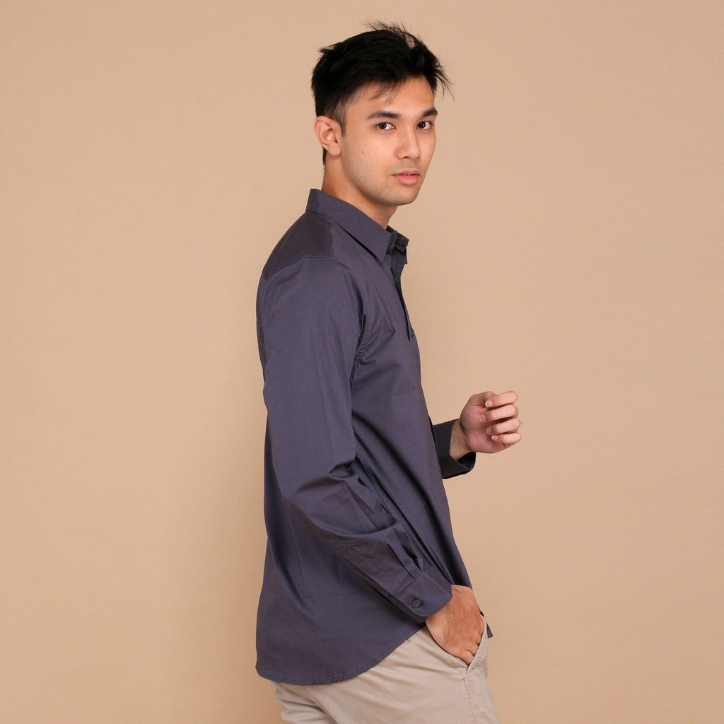 Benhill Kemeja Pria Basic Polos  Lengan Panjang  Bahan Spandex  Warna Abu 25042-32633