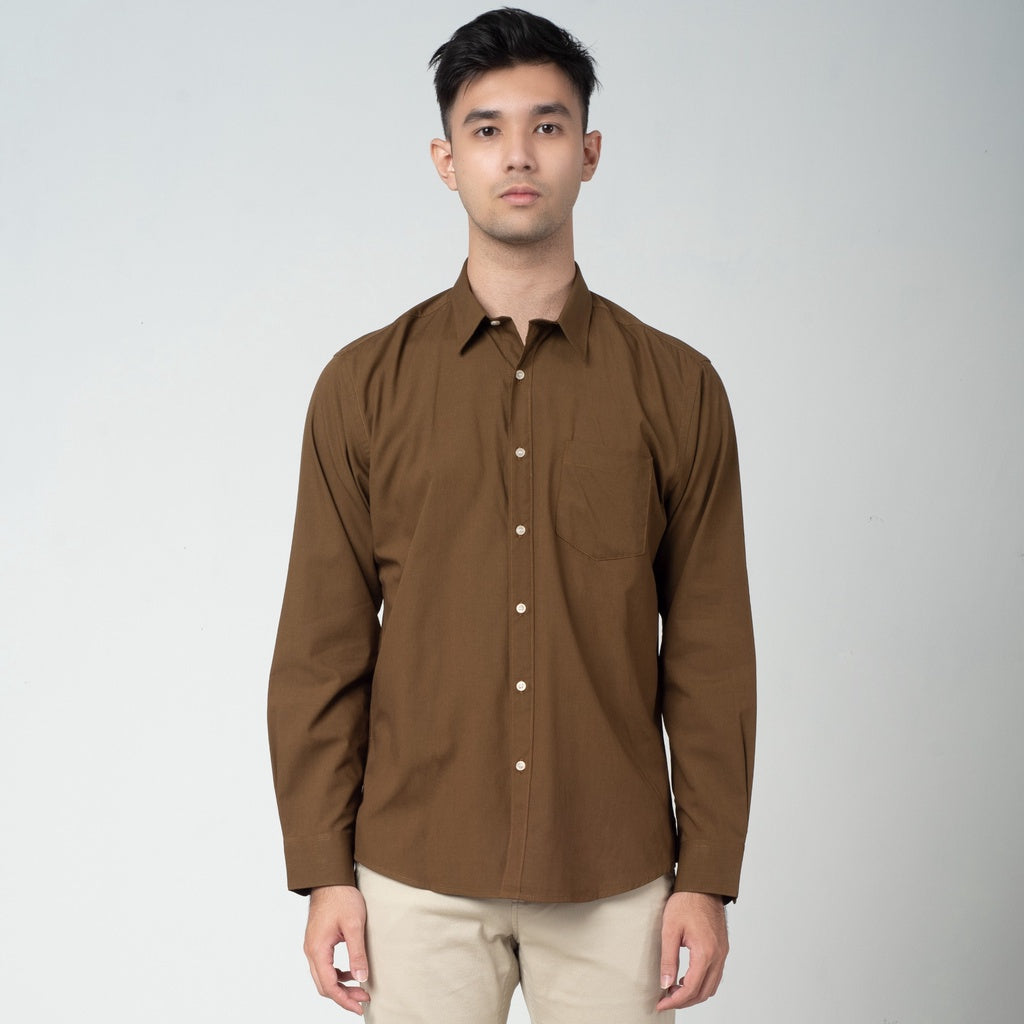 Benhill Kemeja Pria Basic Polos Lengan Panjang Katun Modal Coklat 27903-32533