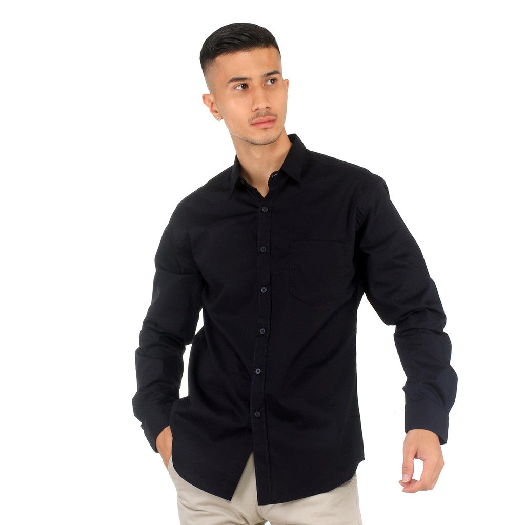 Benhill Kemeja Pria Basic Polos Lengan Panjang Katun Poplin Hitam 27357-58-19233