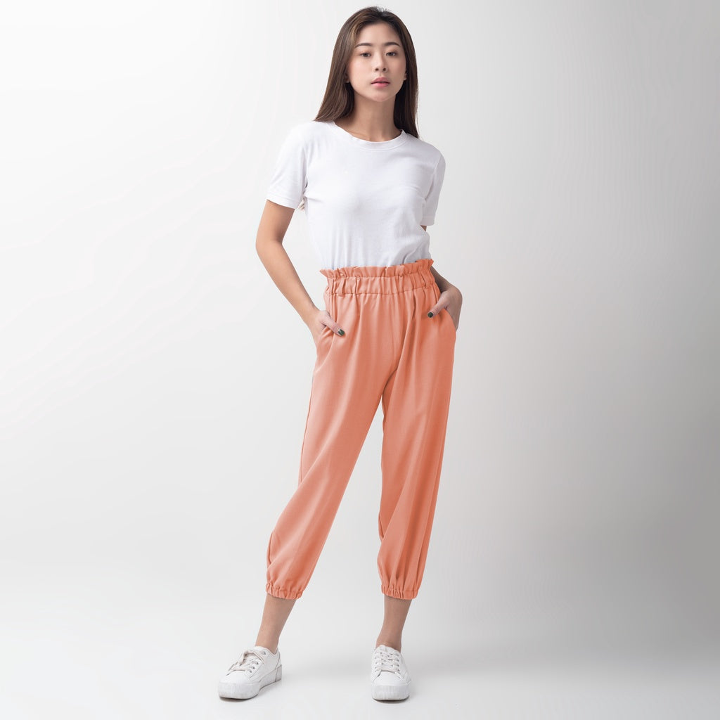 Benhill Celana " Eunji"  Bahan Wanita High Waist Jogger Pant Pinggang Karet Coral Pink758-39I75