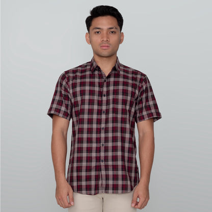 Benhill Kemeja Pria Herringbone Lengan Pendek Kotak Maroon 29455-41434