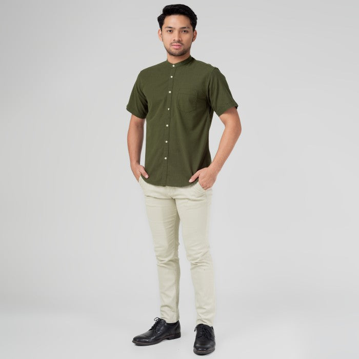 Benhill Kemeja Koko Pria Linen Polos Pendek Hijau Army 50008-16H10