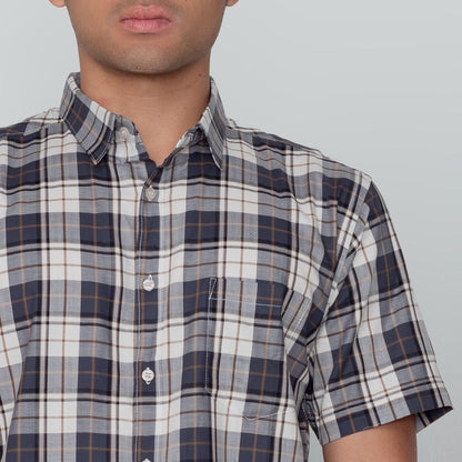 Benhill Kemeja Pria Herringbone Lengan Pendek Kotak Abu 29442-11134