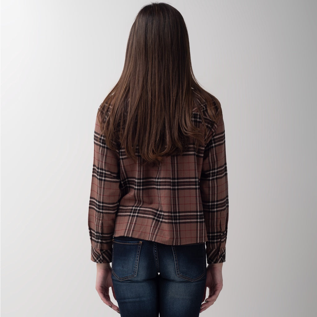 Benhill Kemeja Crop Top Wanita Flannel Lengan Panjang Kotak Coklat 751-11584