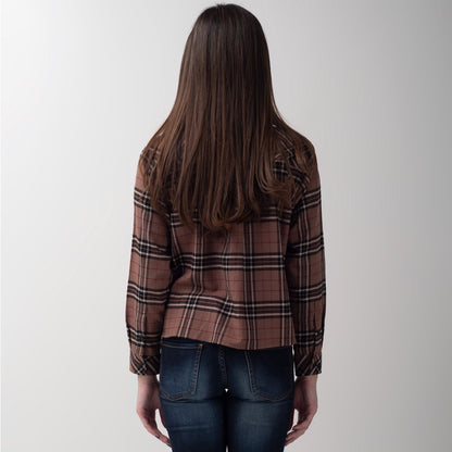 Benhill Kemeja Crop Top Wanita Flannel Lengan Panjang Kotak Coklat 751-11584