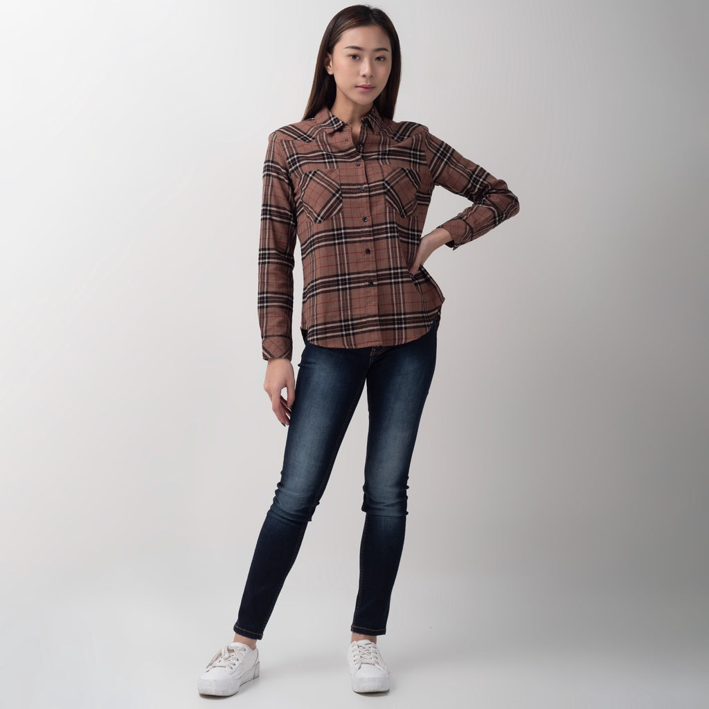 Benhill Kemeja Wanita Flannel Lengan Panjang Kotak Coklat 753-11562