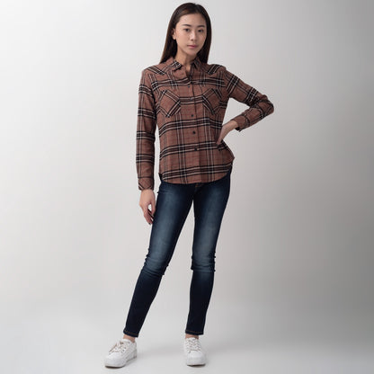 Benhill Kemeja Wanita Flannel Lengan Panjang Kotak Coklat 753-11562