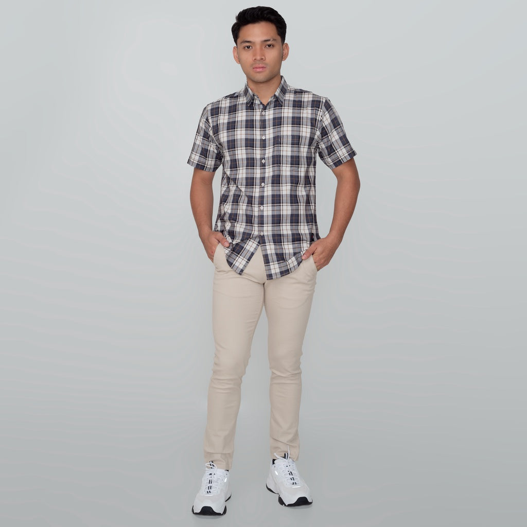 Benhill Kemeja Pria Herringbone Lengan Pendek Kotak Abu 29442-11134
