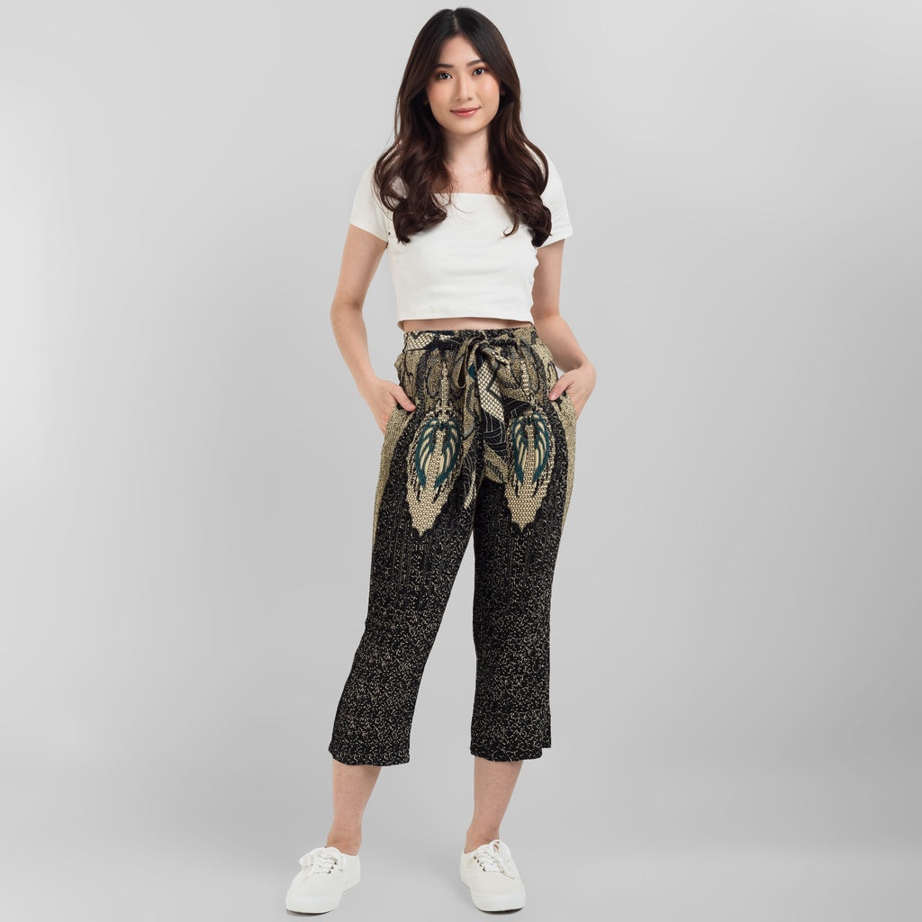 Benhill Celana Wanita Cullotes  Plisket Batik Premium Tali Pinggang Karet Hitam Motif 809-36790