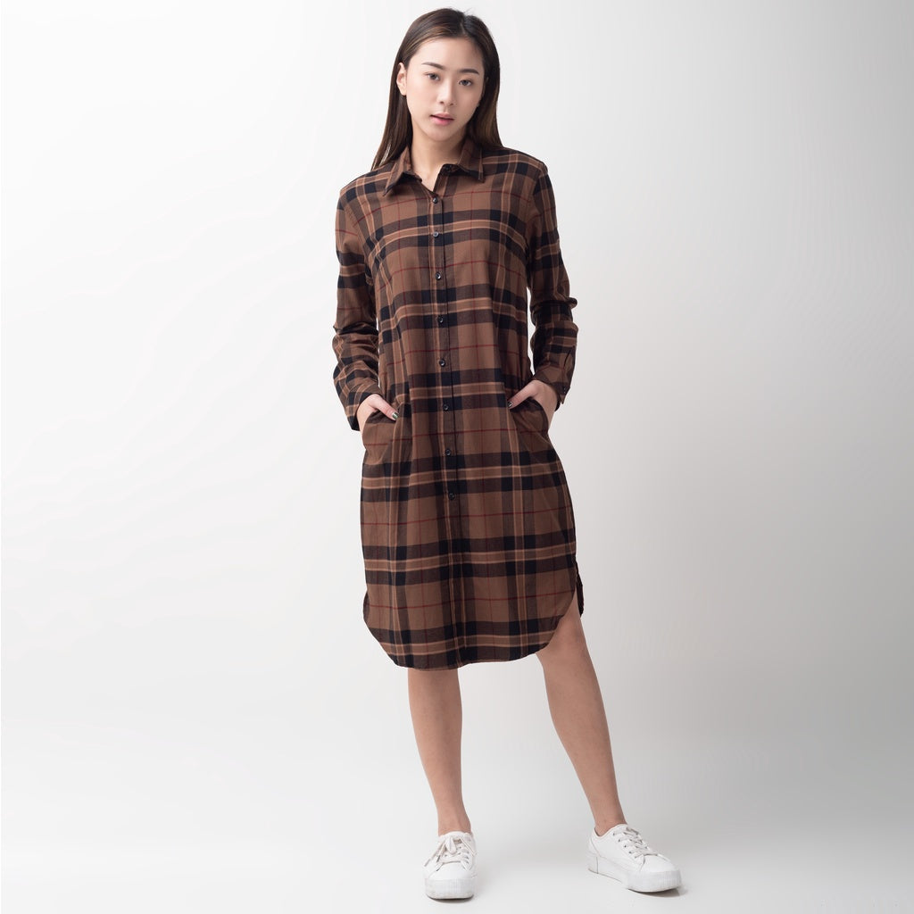 Benhill Kemeja Tunik Flannel Wanita Kotak Coklat 0721-11535