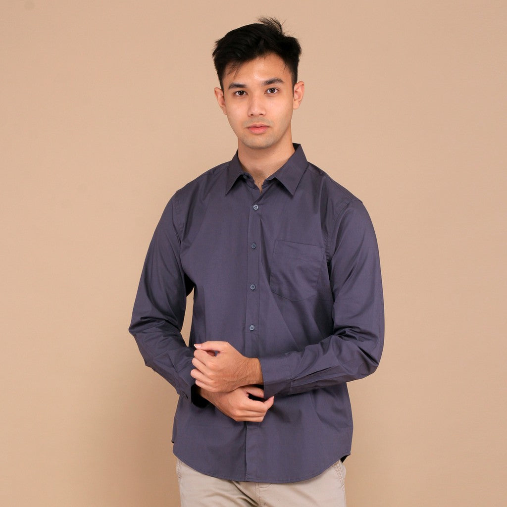 Benhill Kemeja Pria Basic Polos  Lengan Panjang  Bahan Spandex  Warna Abu 25042-32633