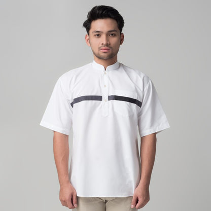 Benhill Baju Koko Pria Qurta Kurta Stripe Pendek Putih 29954-3211H