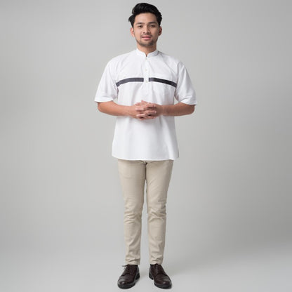 Benhill Baju Koko Pria Qurta Kurta Stripe Pendek Putih 29954-3211H
