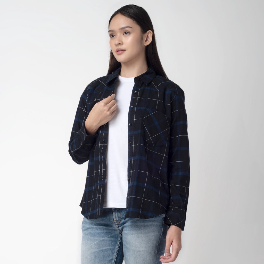 Benhill Kemeja Wanita Flannel  Lengan Panjang Kotak Biru 208-11362
