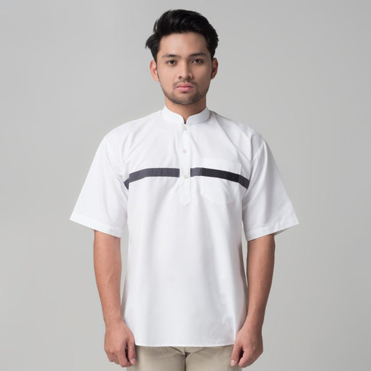 Benhill Baju Koko Pria Qurta Kurta Stripe Pendek Putih 29954-3211H