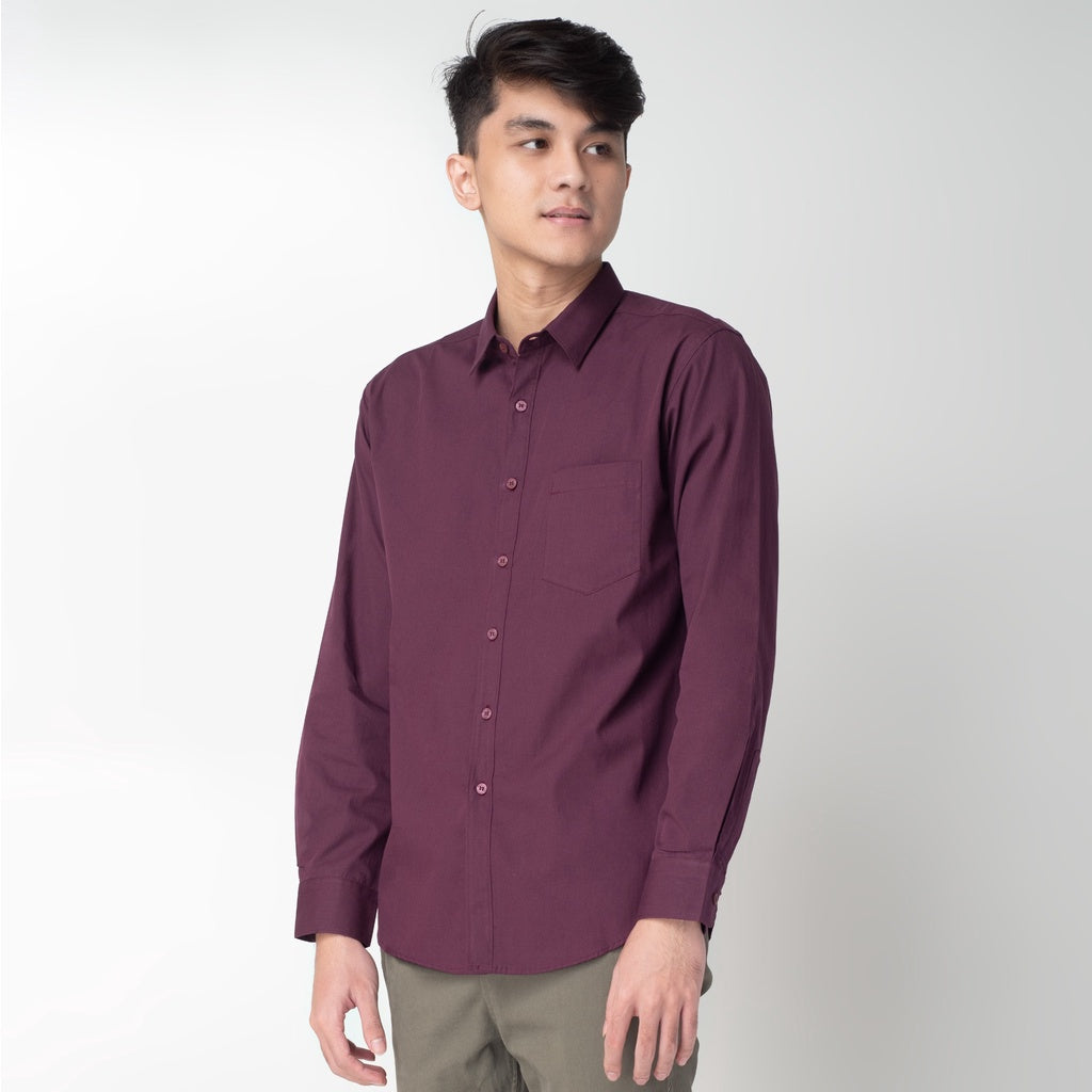 Benhill Kemeja Pria Basic Polos Panjang Katun Poplin Burgundy 30-16833