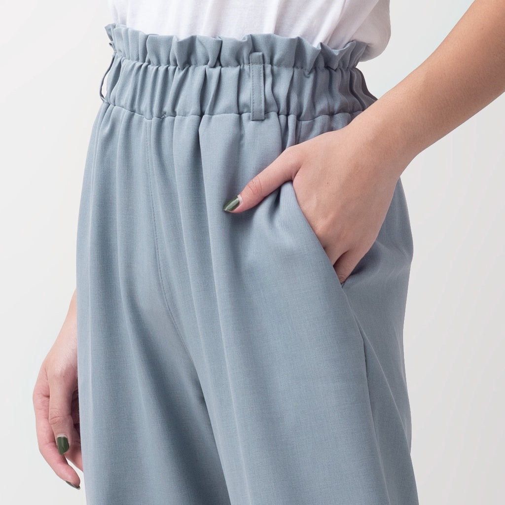 Benhill Celana " Eunji" Bahan Wanita High Waist Jogger Pant Pinggang Karet Dusty Blue 236-39375