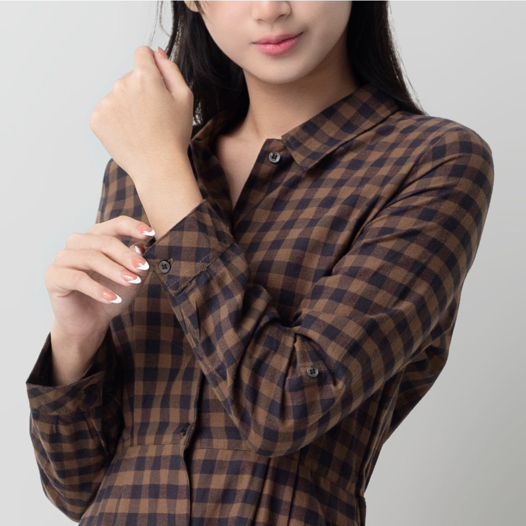 Benhill Gamis Wanita Flannel Lengan Panjang Kotak Coklat 0741-11530