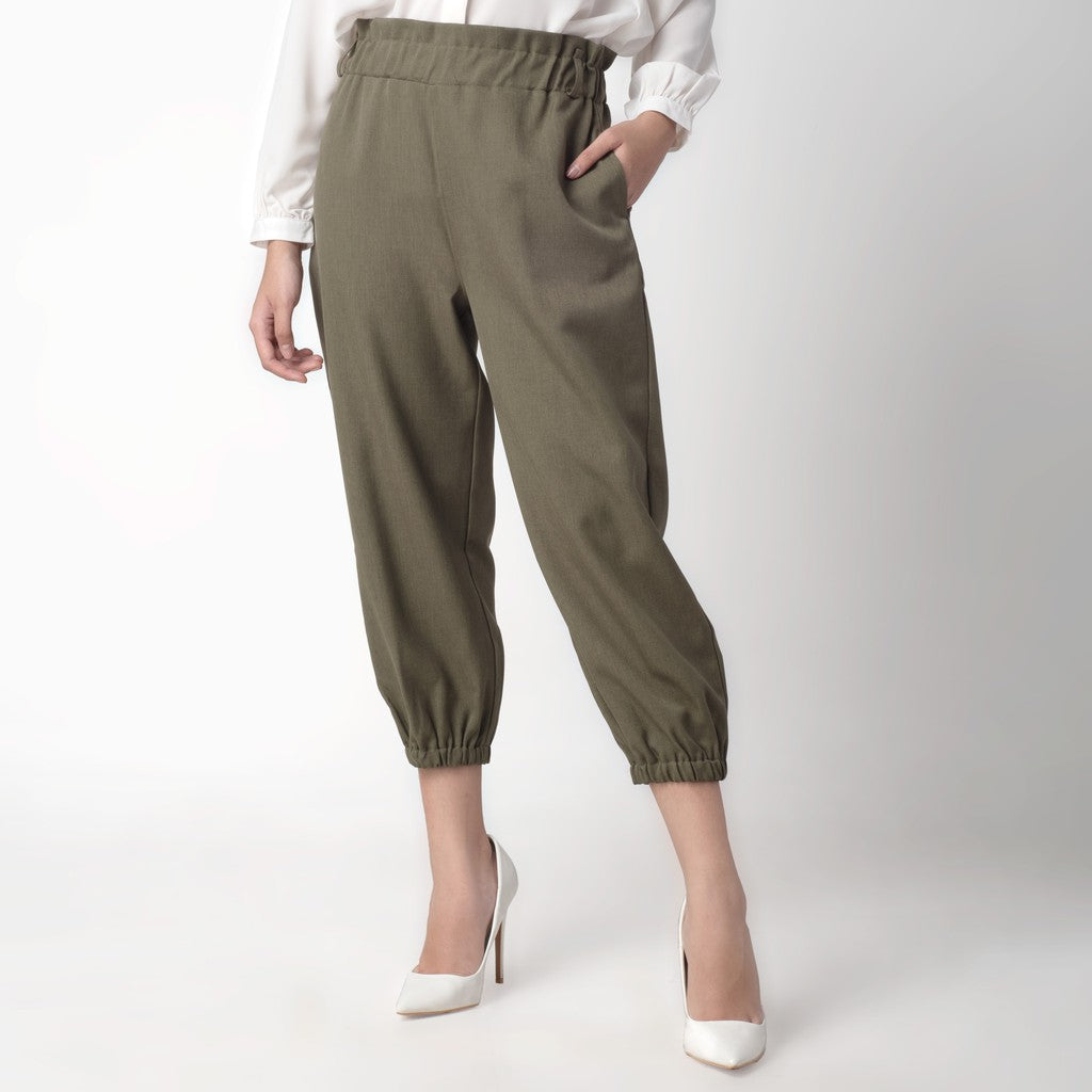 Benhill Celana " Eunji"  Bahan Wanita High Waist Jogger Pant Pinggang Karet Olive 237-39775
