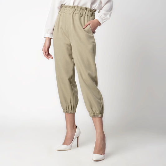 Benhill Celana " Eunji"  Bahan Wanita High Waist Jogger Pant Pinggang Karet Khaki 218-39575