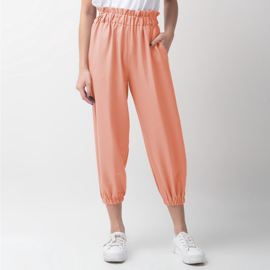 Benhill Celana " Eunji"  Bahan Wanita High Waist Jogger Pant Pinggang Karet Coral Pink758-39I75