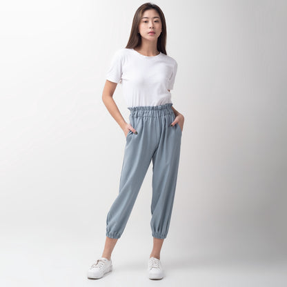Benhill Celana " Eunji" Bahan Wanita High Waist Jogger Pant Pinggang Karet Dusty Blue 236-39375