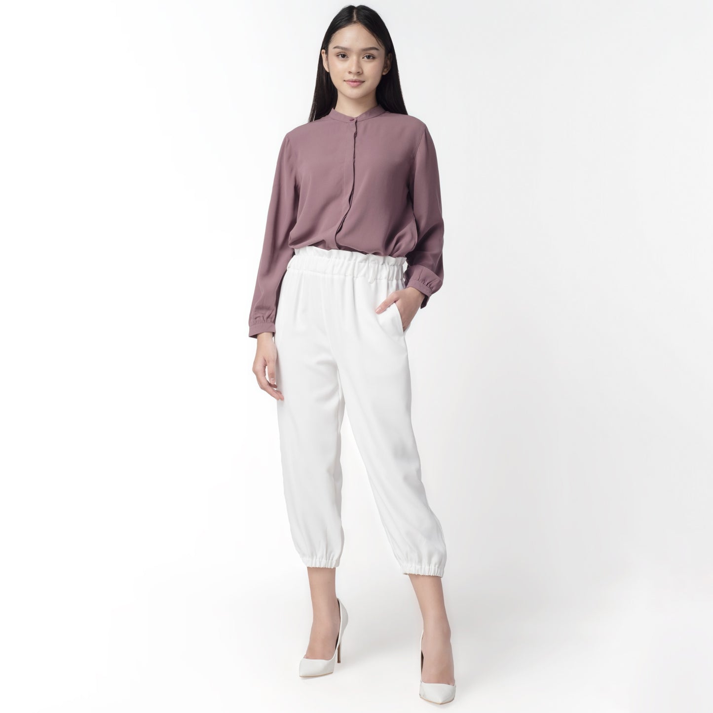 Benhill Celana " Eunji" Bahan Wanita High Waist Jogger Pant Pinggang Karet  Off White 220-39175