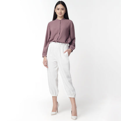 Benhill Celana " Eunji" Bahan Wanita High Waist Jogger Pant Pinggang Karet  Off White 220-39175