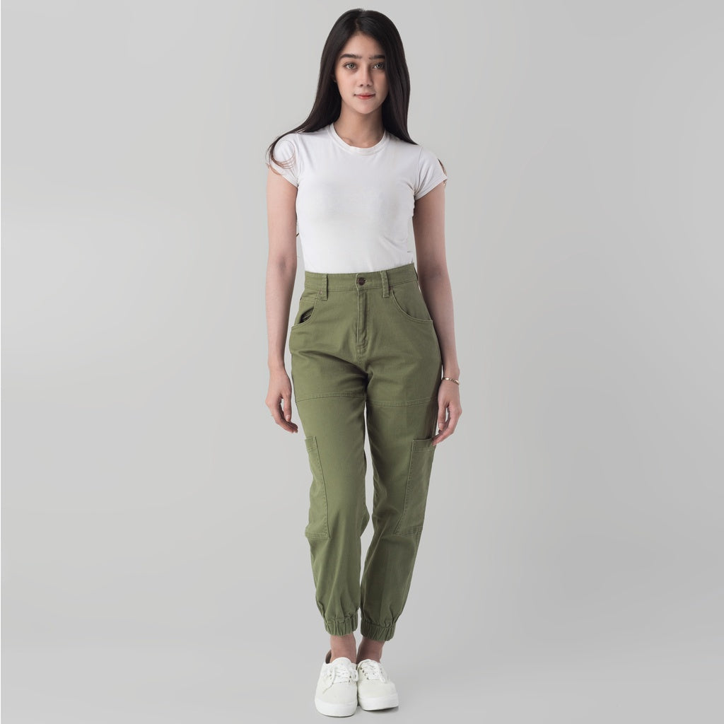 Benhill Celana " Sora" Wanita Cargo Jogger Pants  Cotton High Waist Hijau Army 851-39H12