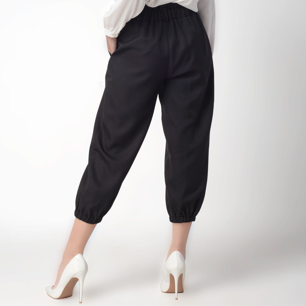Benhill Celana " Eunji"  Bahan Wanita High Waist Jogger Pant Pinggang Karet Black 219-39275