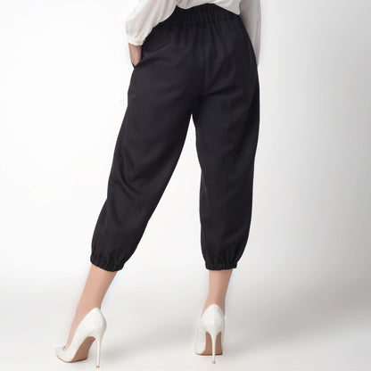 Benhill Celana " Eunji"  Bahan Wanita High Waist Jogger Pant Pinggang Karet Black 219-39275