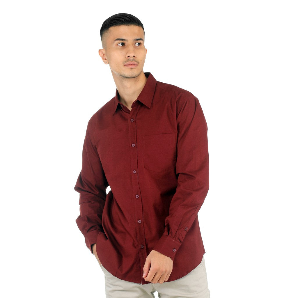 Benhill Kemeja Pria Basic Polos Lengan Panjang Katun Poplin Maroon 27365-66