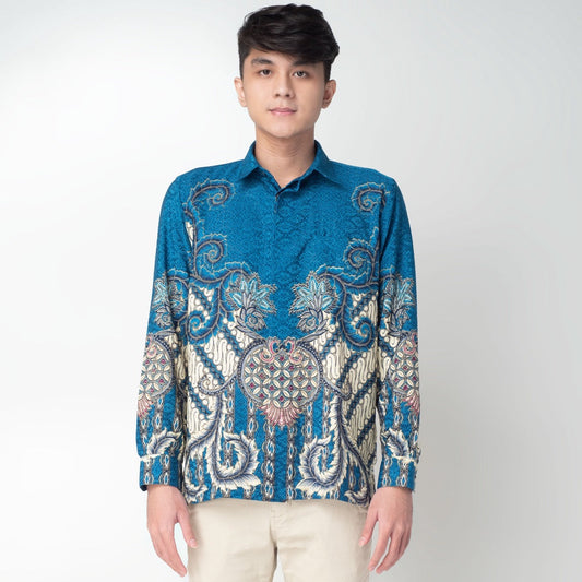 Benhill Kemeja Pria Batik Sutra Dobby 'BAIM WONG' Biru Motif 27925-363