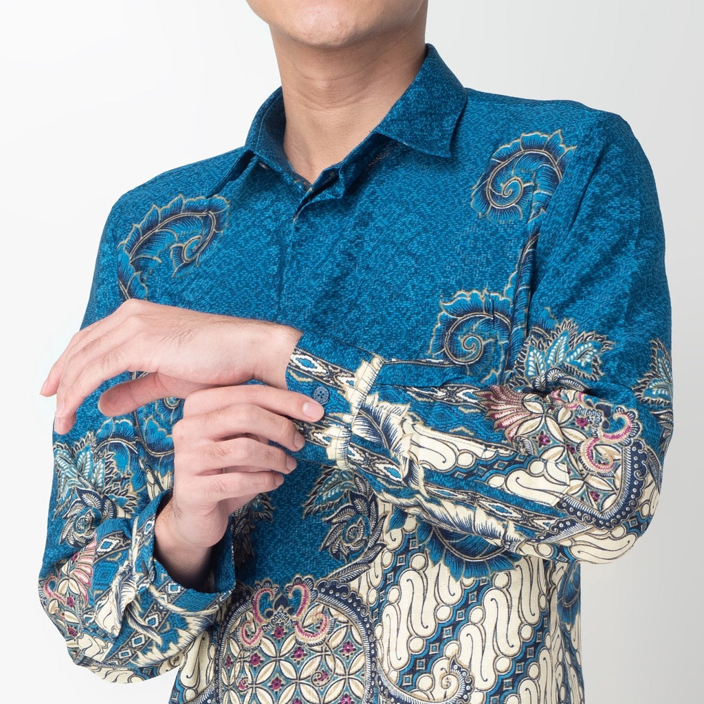 Benhill Kemeja Pria Batik Sutra Dobby 'BAIM WONG' Biru Motif 27925-363