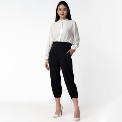 Benhill Celana " Eunji"  Bahan Wanita High Waist Jogger Pant Pinggang Karet Black 219-39275