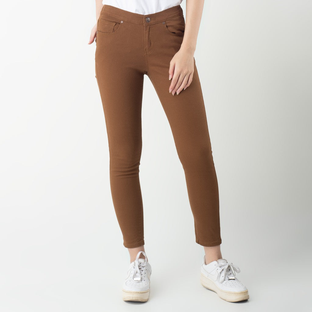 Benhill Celana  "Jiwon" Panjang Wanita Pinggang Karet Bahan Katun Stretch Warna Caramel Brown 205-22527