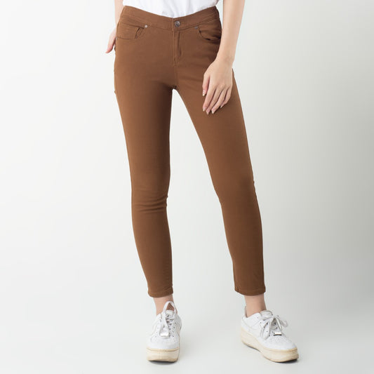 Benhill Celana  "Jiwon" Panjang Wanita Pinggang Karet Bahan Katun Stretch Warna Caramel Brown 205-22527