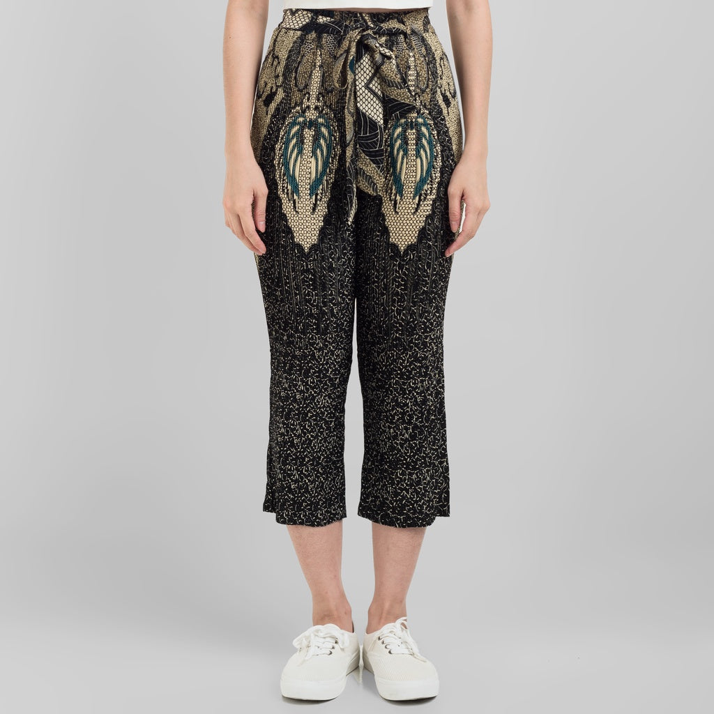 Benhill Celana Wanita Cullotes  Plisket Batik Premium Tali Pinggang Karet Hitam Motif 809-36790