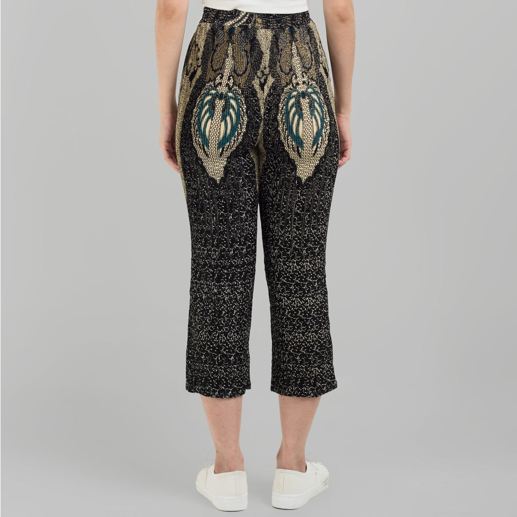 Benhill Celana Wanita Cullotes  Plisket Batik Premium Tali Pinggang Karet Hitam Motif 809-36790