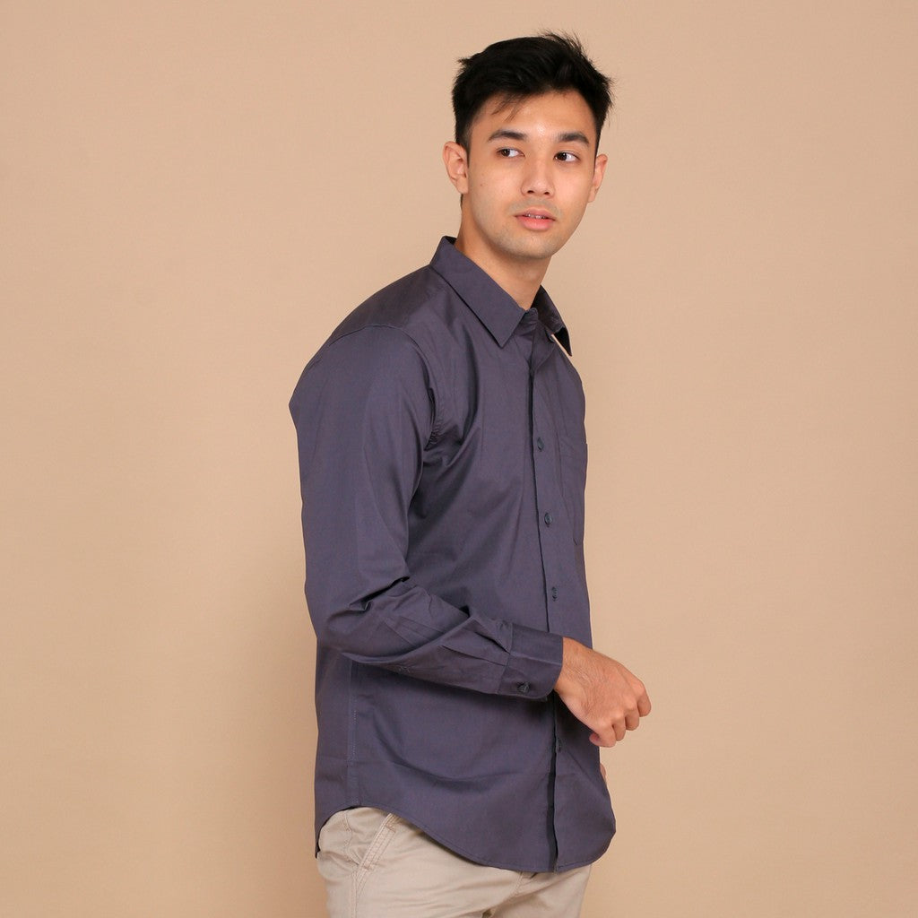 Benhill Kemeja Pria Basic Polos  Lengan Panjang  Bahan Spandex  Warna Abu 25042-32633