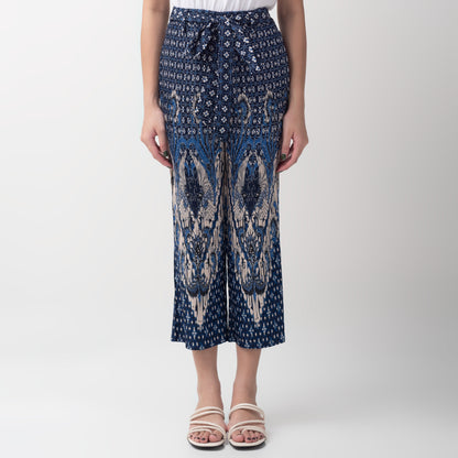 Benhill Celana Wanita Cullotes  Plisket Batik Premium Tali Pinggang Karet  Biru Motif 827-36390
