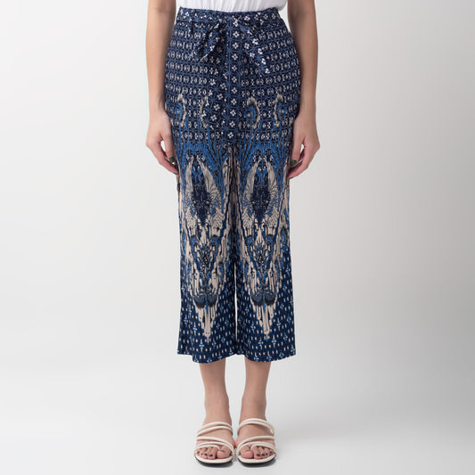 Benhill Celana Wanita Cullotes  Plisket Batik Premium Tali Pinggang Karet  Biru Motif 827-36390