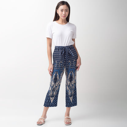 Benhill Celana Wanita Cullotes  Plisket Batik Premium Tali Pinggang Karet  Biru Motif 827-36390