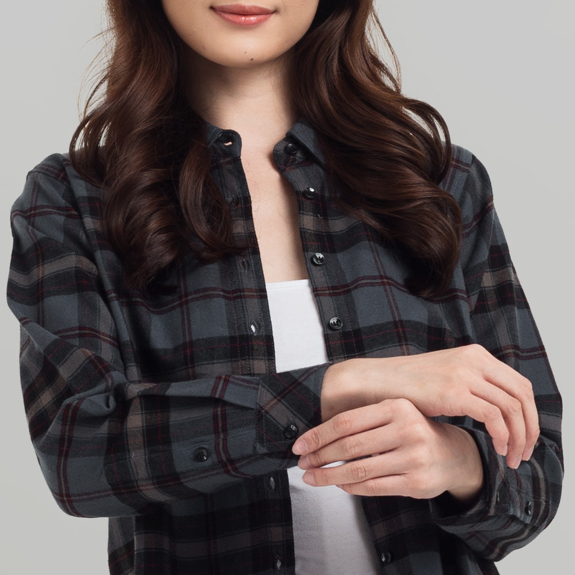 Benhill Kemeja Crop Top Wanita Flannel Lengan Panjang Kotak Abu 771-11684