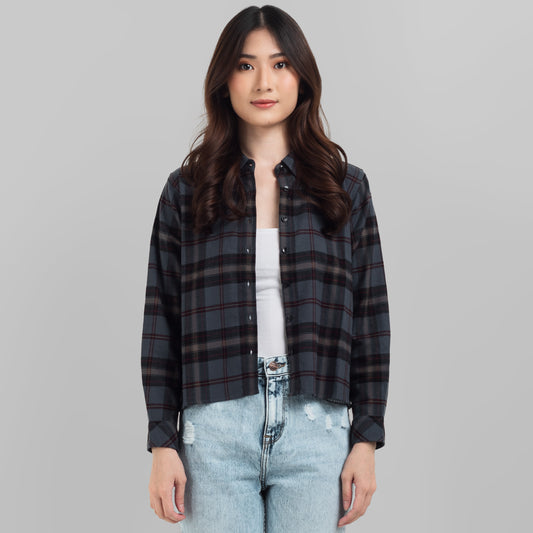 Benhill Kemeja Crop Top Wanita Flannel Lengan Panjang Kotak Abu 771-11684