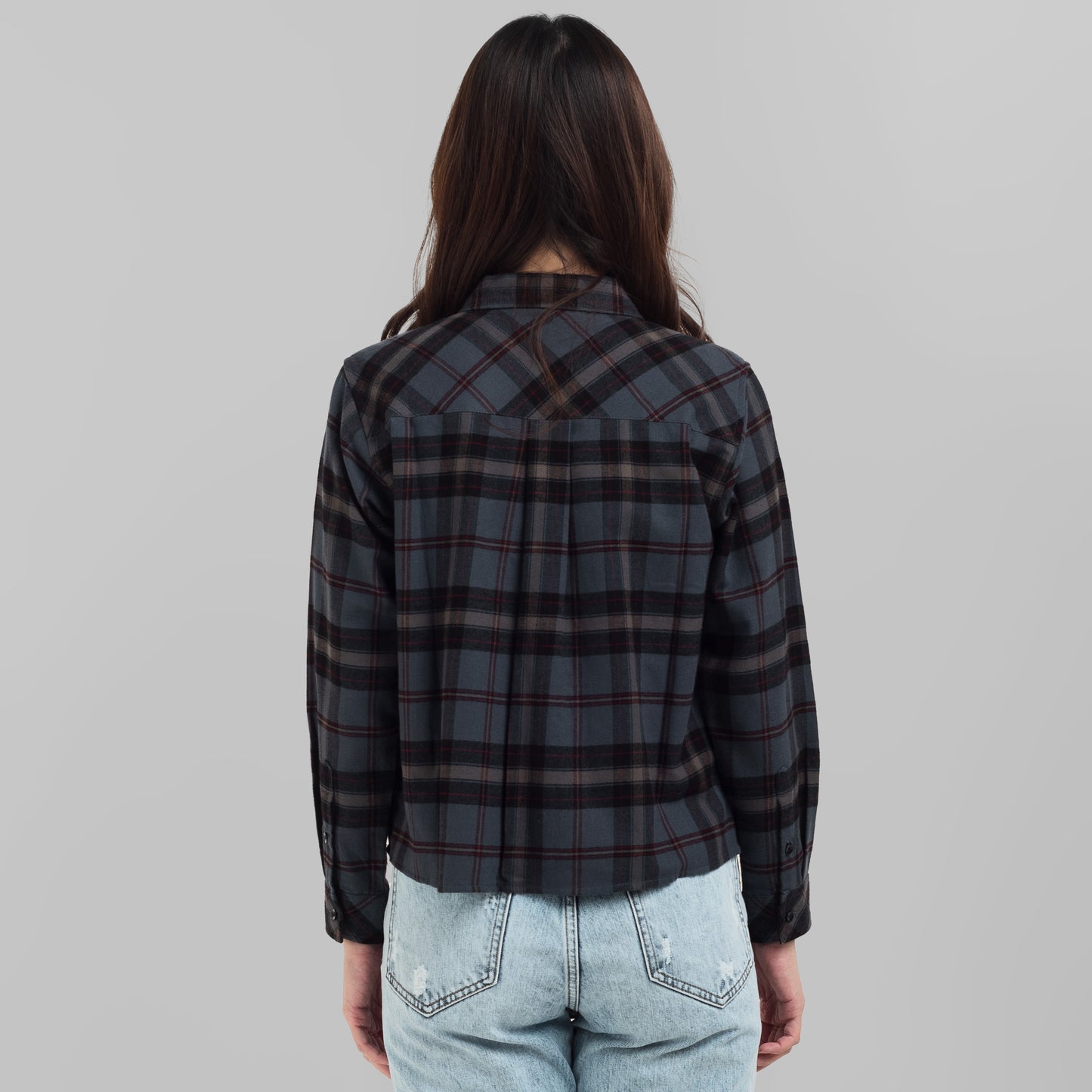 Benhill Kemeja Crop Top Wanita Flannel Lengan Panjang Kotak Abu 771-11684