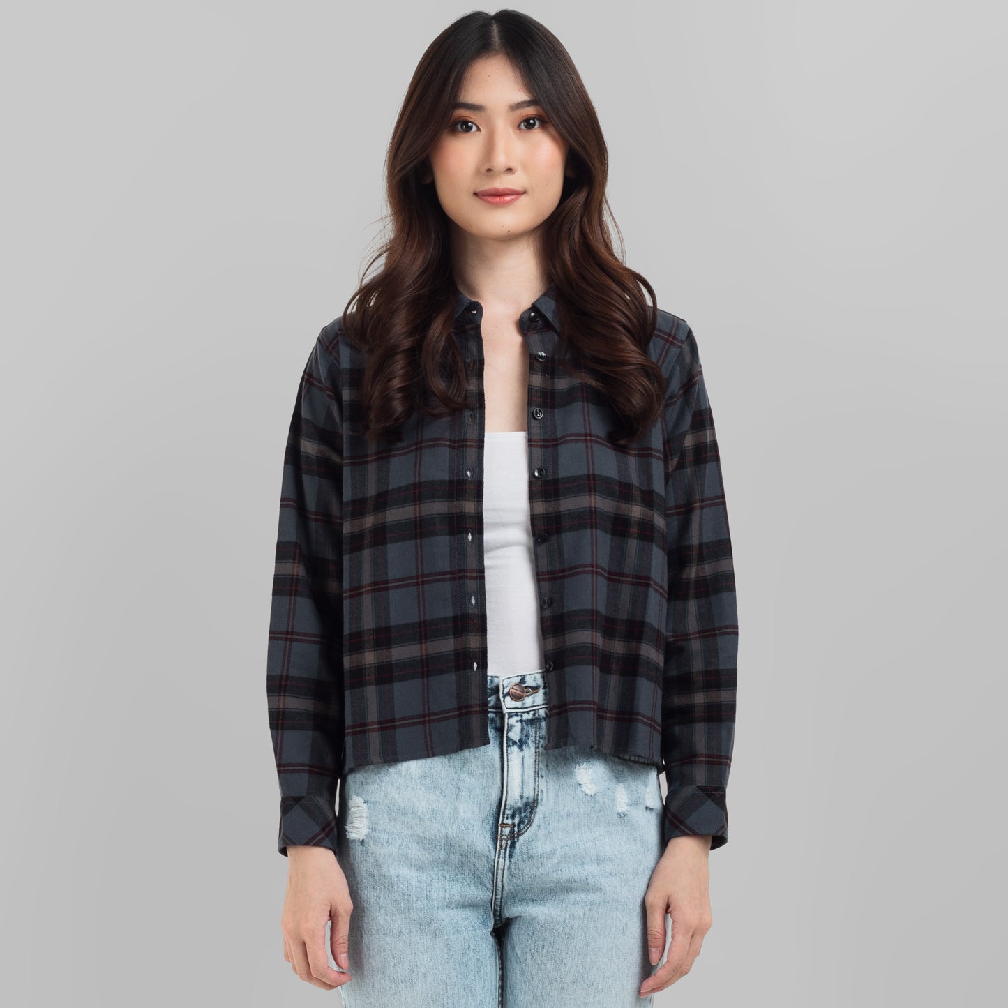 Benhill Kemeja Crop Top Wanita Flannel Lengan Panjang Kotak Abu 771-11684