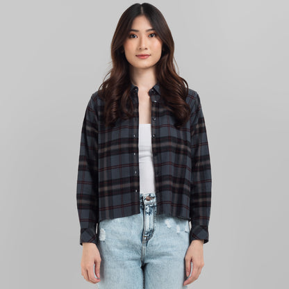 Benhill Kemeja Crop Top Wanita Flannel Lengan Panjang Kotak Abu 771-11684