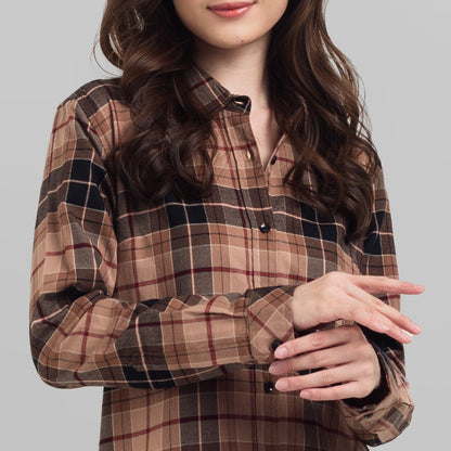 Benhill Kemeja Tunik Flannel Wanita Kotak Coklat 0728-11535