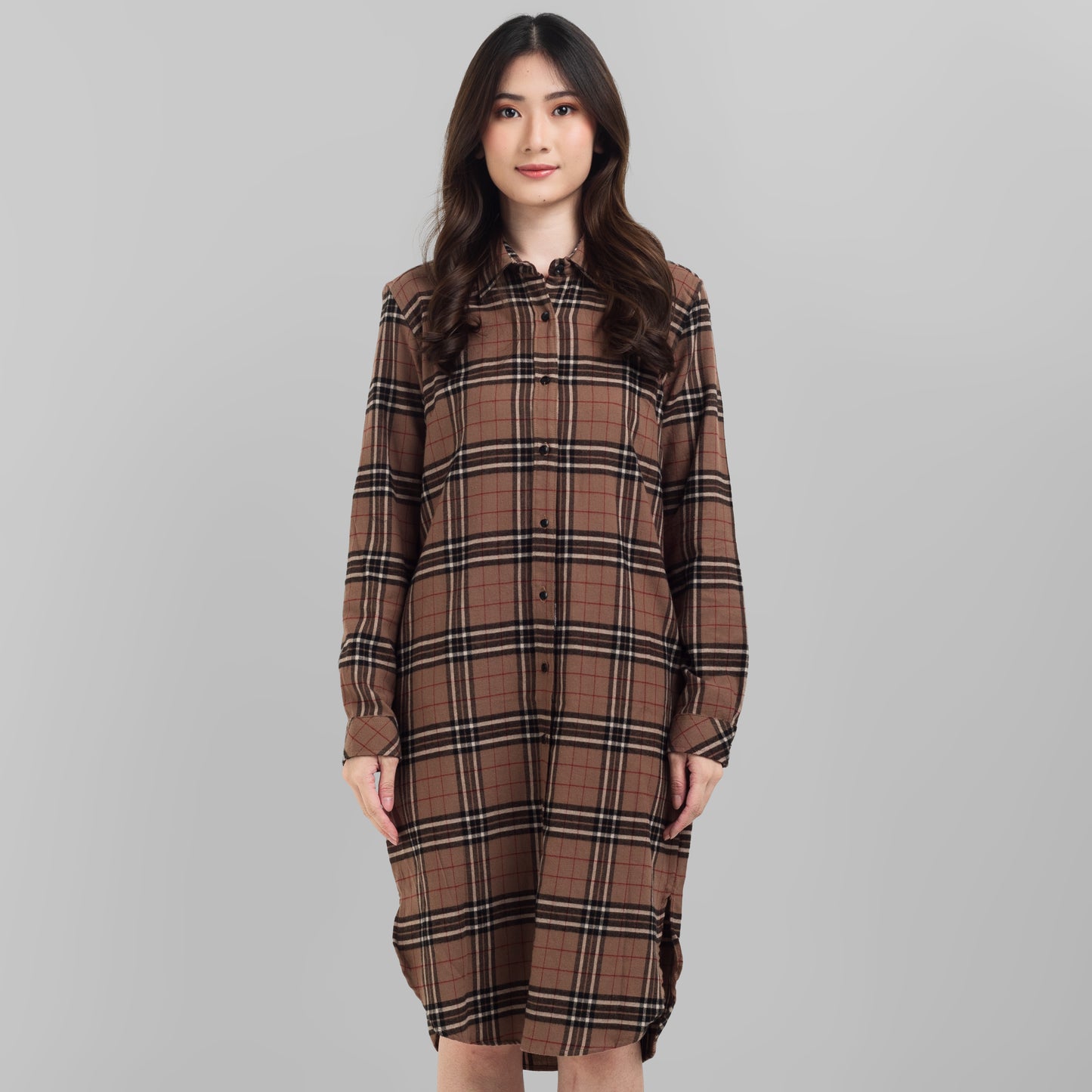 Benhill Kemeja Tunik Flannel Wanita Kotak Coklat 0723-11535
